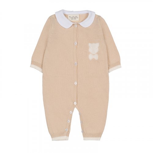 Beige knitted front opening babygro with collar