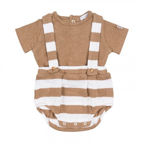 Beige Striped Romper with Suspenders_5054