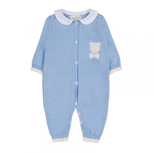 Lightblue knitted front opening babygro With collar