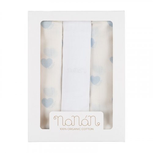 Set 3 pz mussola all over cuori 80x80 cm azzurro