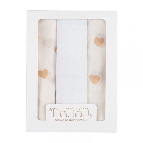 Set 3 pz mussola all over cuori 80x80 cm beige