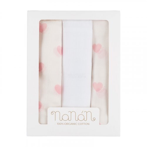 Set 3 pz mussola all over cuori 80x80 cm rosa