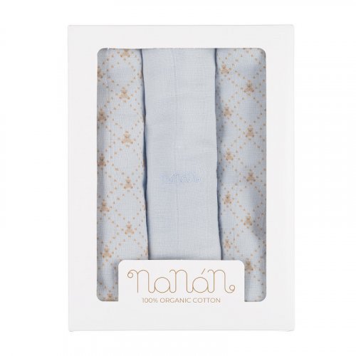 Set 3 pz mussola all over lettering 80x80 cm azzurro