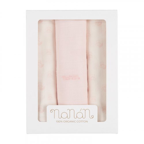 Set 3 pz mussola all over orsetti 80x80 cm rosa