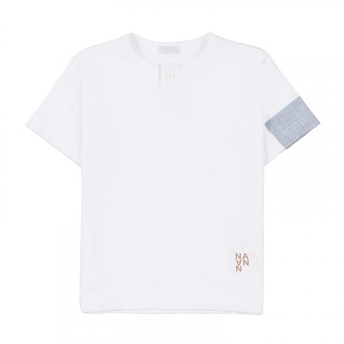T-Shirt Bianca con Bottone Azzurro_5322