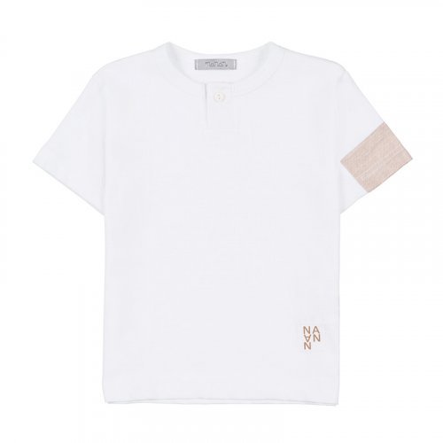 White T-Shirt with Beige Button_4525