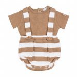 Beige Striped Romper with Suspenders_5054